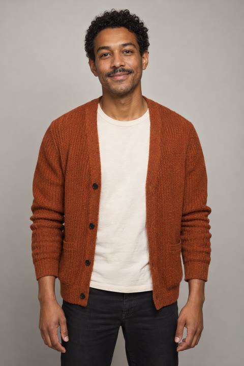 Fictional AI backing singer in an orange cardigan.