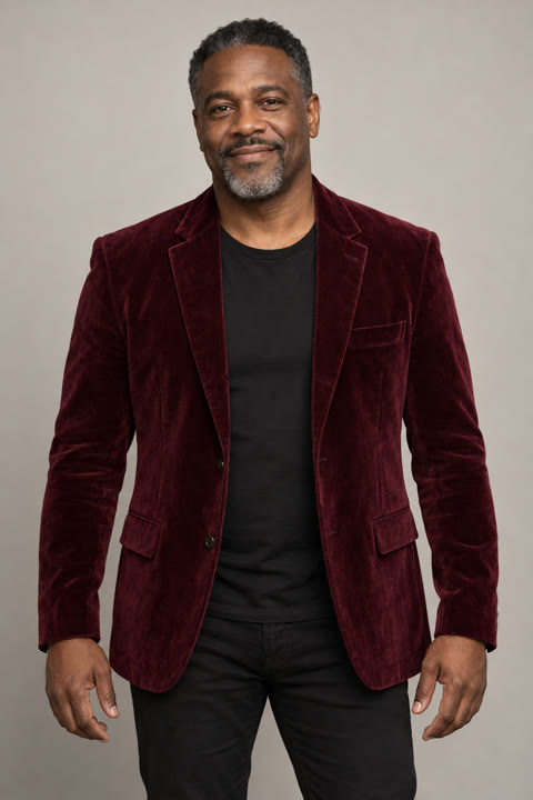 Fictional AI lead singer in a burgundy jacket.